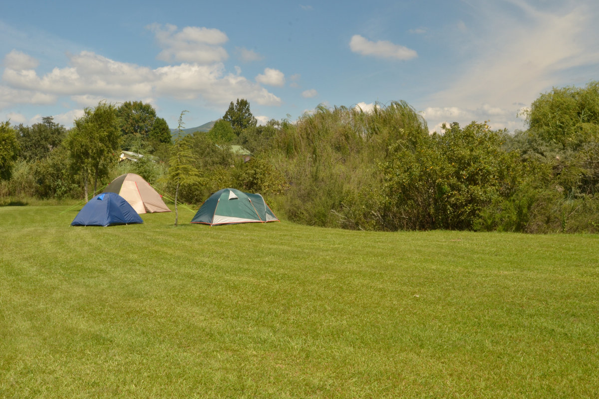 Tents pitched on the open camping grounds beside the Sabie River